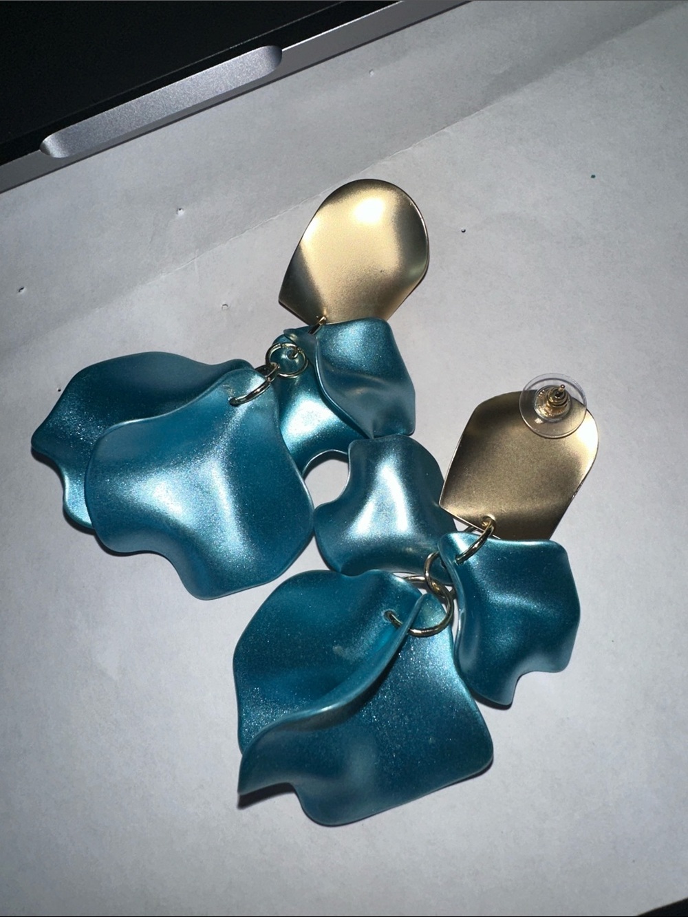 Gold and Teal Floral Drop Earrings - Women Jewelry